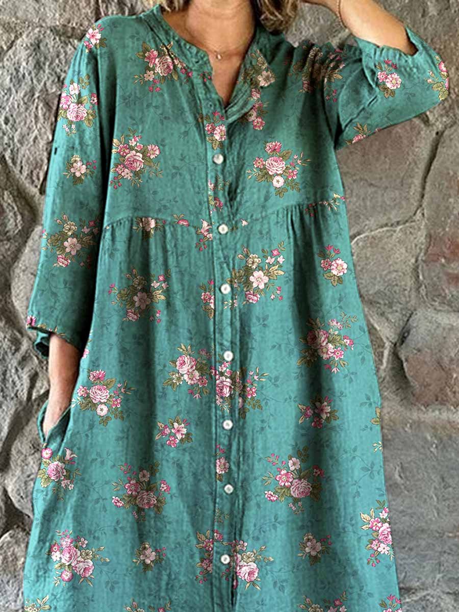 Women's Elegant  Rose Floral Pattern Shirt Style Cotton and Linen Dress