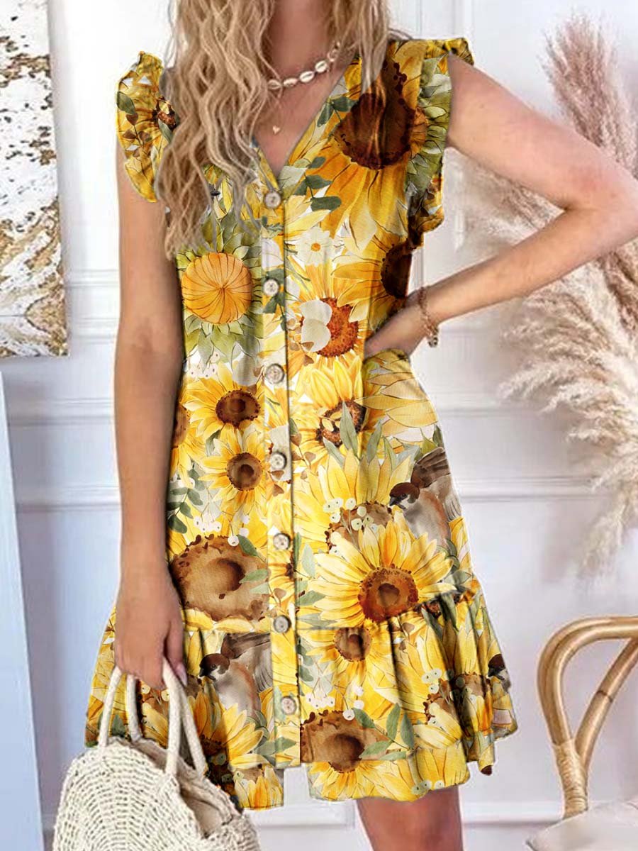 Women's Elegant Sunflower Floral Pattern Graphic Ruffle Sleeve Hem Dress