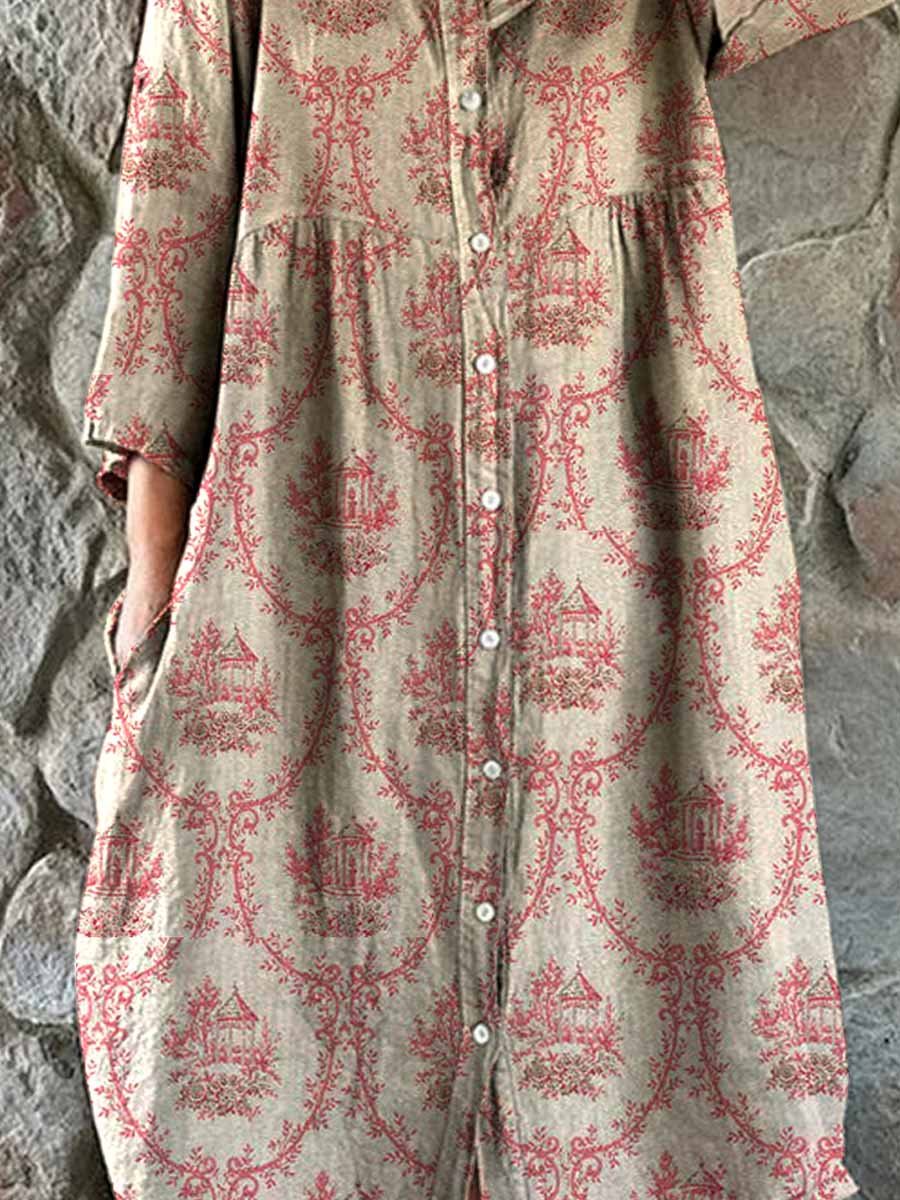 Women's Elegant Simple Floral Pattern Shirt Cotton and Linen Dress with Pockets