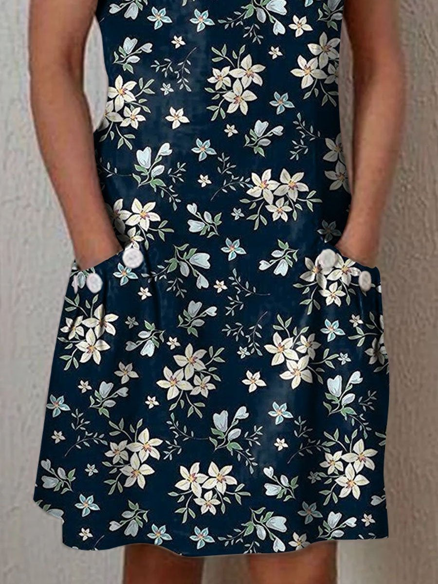 Women's Elegant Vintage Floral Pattern Cotton Dress With Pockets