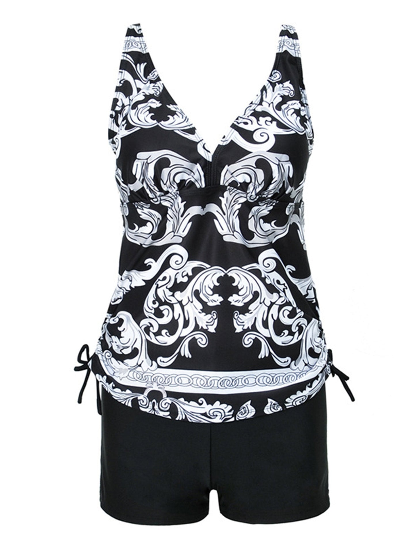 Women's Paisley Print V-neck Drawstring Tankini Set Swimsuit