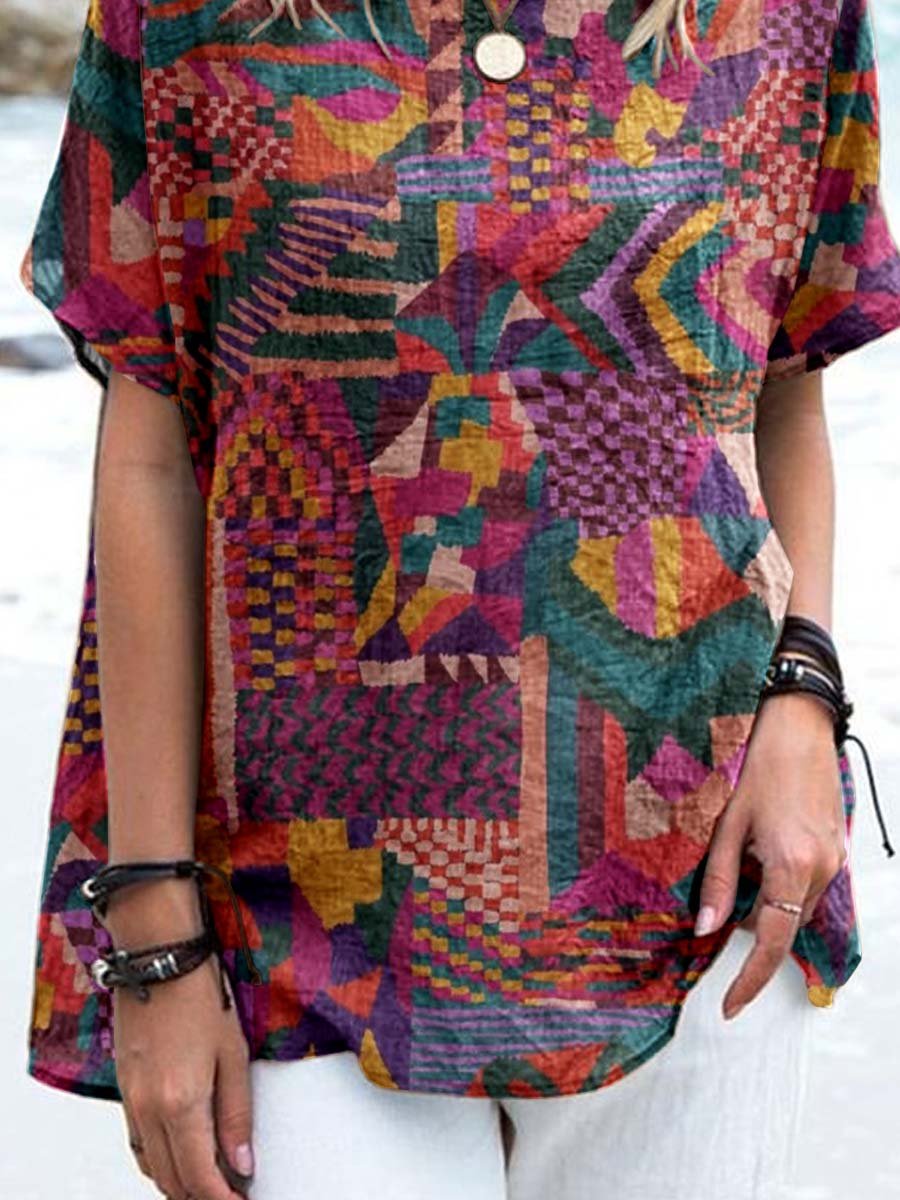 Women's Artistic Colorful Geometric Pattern Round Neck Cotton and Linen Top