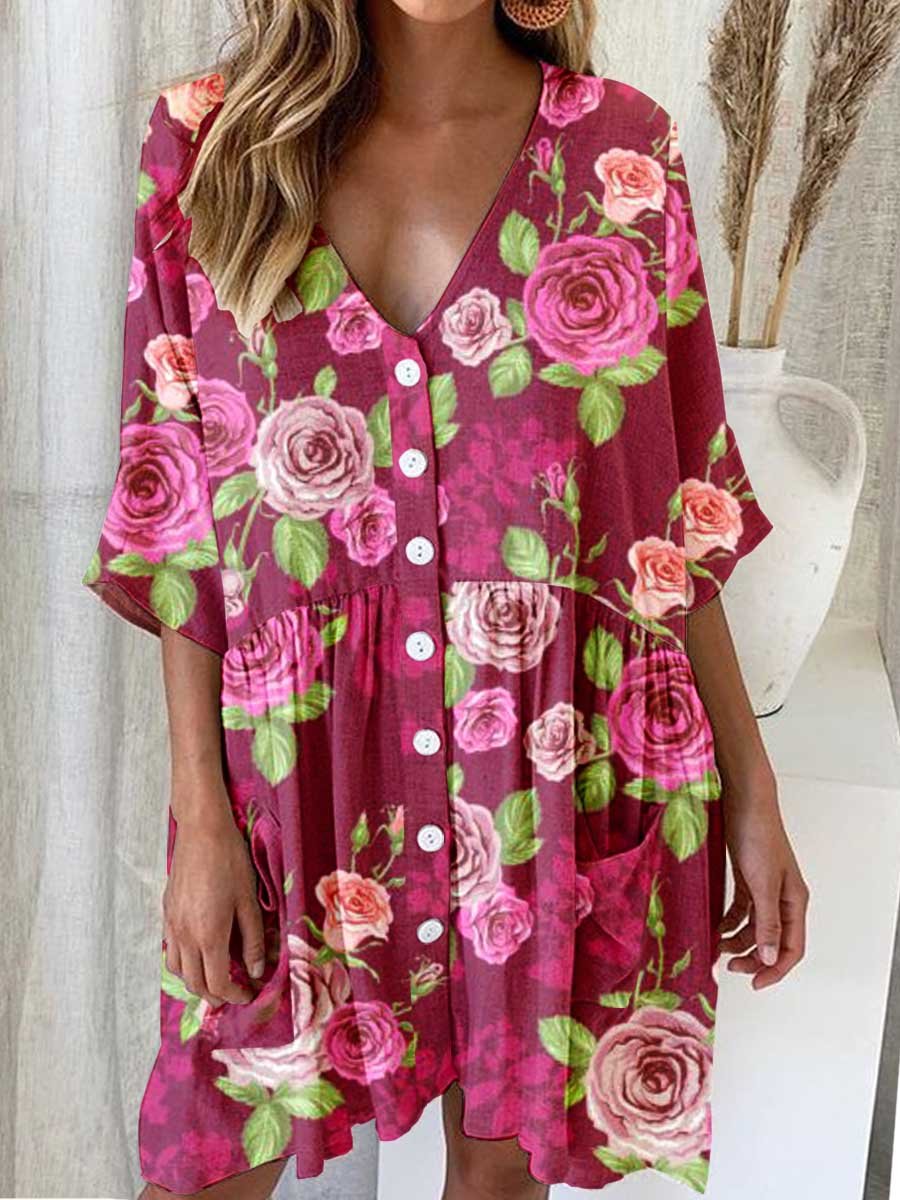 Women's Elegant Rose Floral Pattern V-Neck Cardigan Cotton and Linen Dress