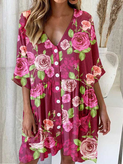 Women's Elegant Rose Floral Pattern V-Neck Cardigan Cotton and Linen Dress