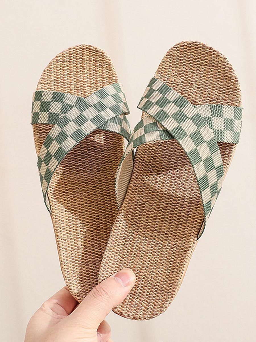 Women's Plaid Linen Thick Sole Non-Slip Home Slippers