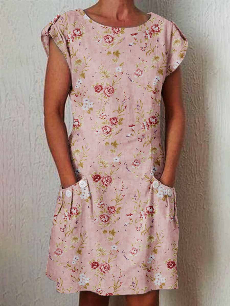 Women's Elegant Rose  Rose Floral Pattern Cotton and Linen Dress with Pockets