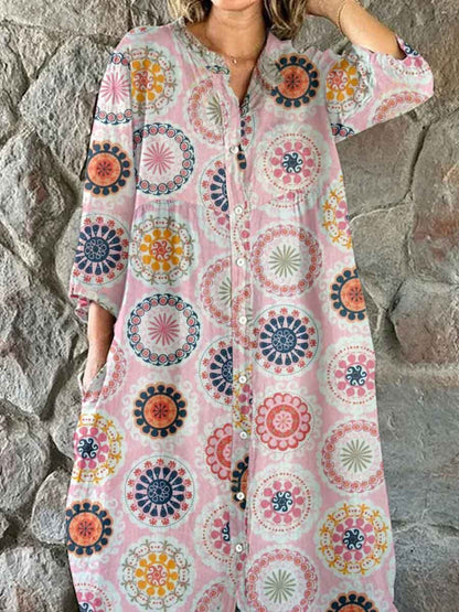 Women's Elegant Boho Pattern Shirt Style Cotton and Linen Dress