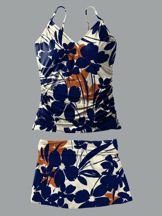 Women’s V-neck Outline Flower Print Suspender Skirt Tankini Set Swimsuit