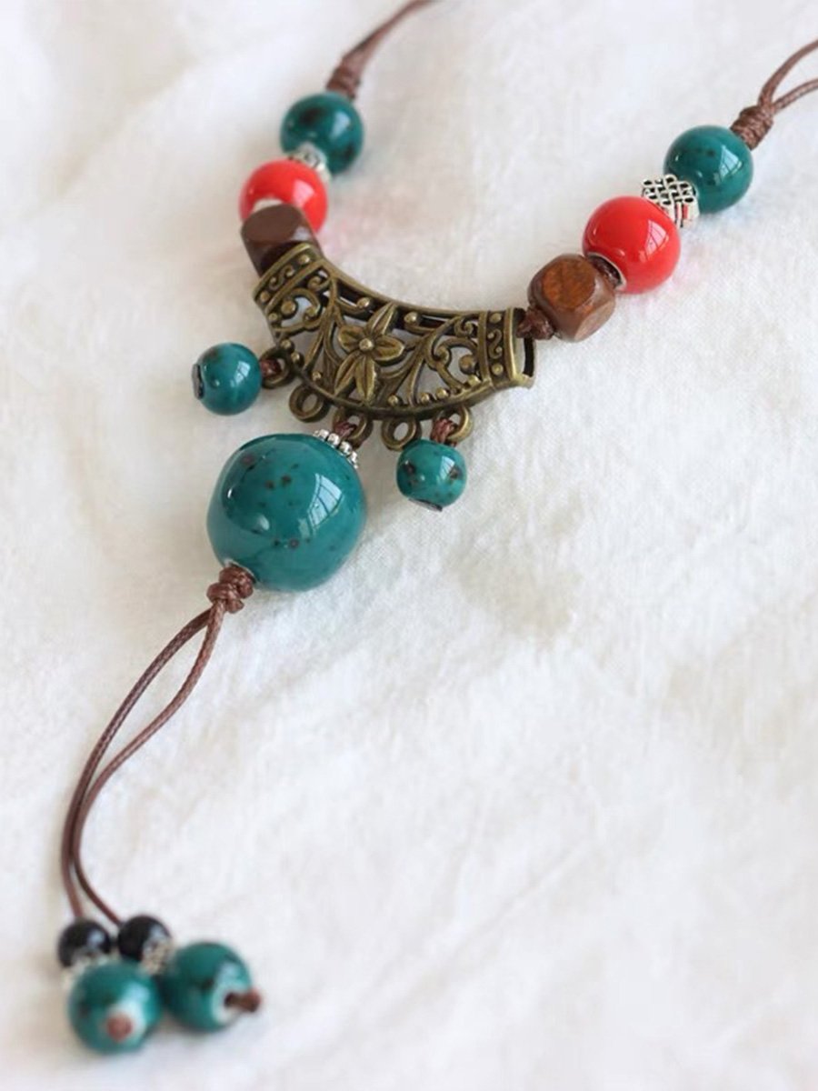 Women's Ethnic Vintage Ceramic Beaded Necklace