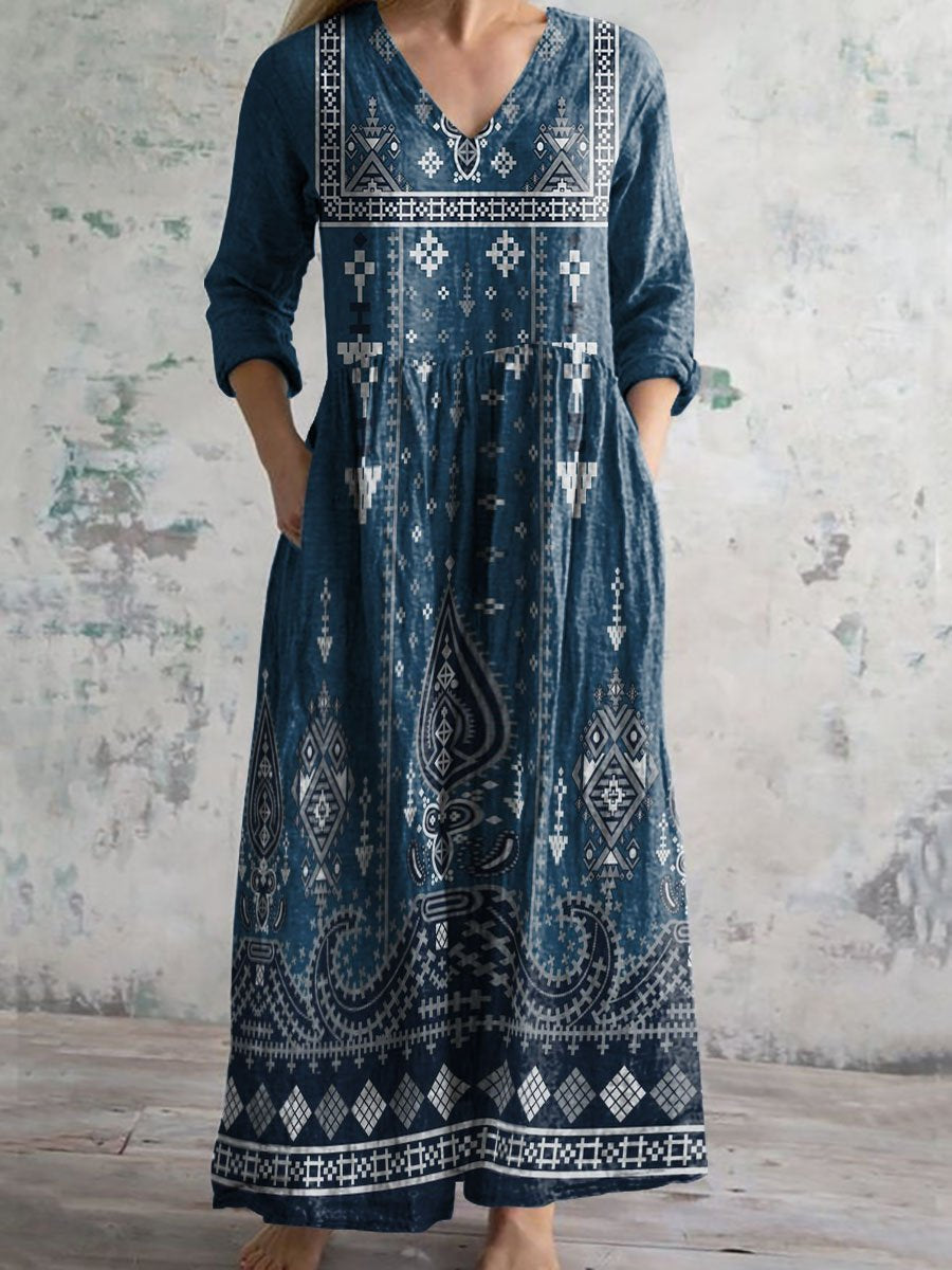 Women's V-Neck Bohemian Pattern Cotton and Linen Pocket Dress