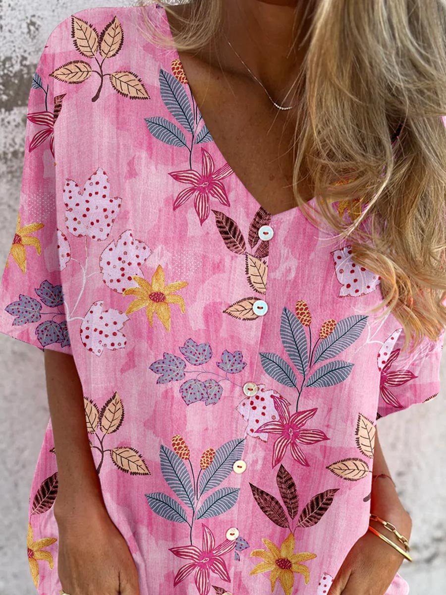 Women's Elegant Floral Pattern Shirt Style Cotton and Linen Top