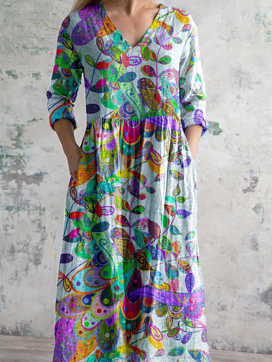 Women's Art Colorful Bohemian Floral V-Neck Cotton and Linen Dress with Pockets