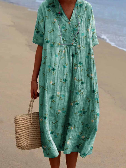 Women's Seaside Resort Floral Pattern Cotton and Linen Dress