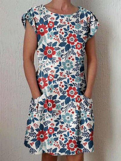 Women's Independence Day Tricolor Floral Pattern Cotton and Linen Dress