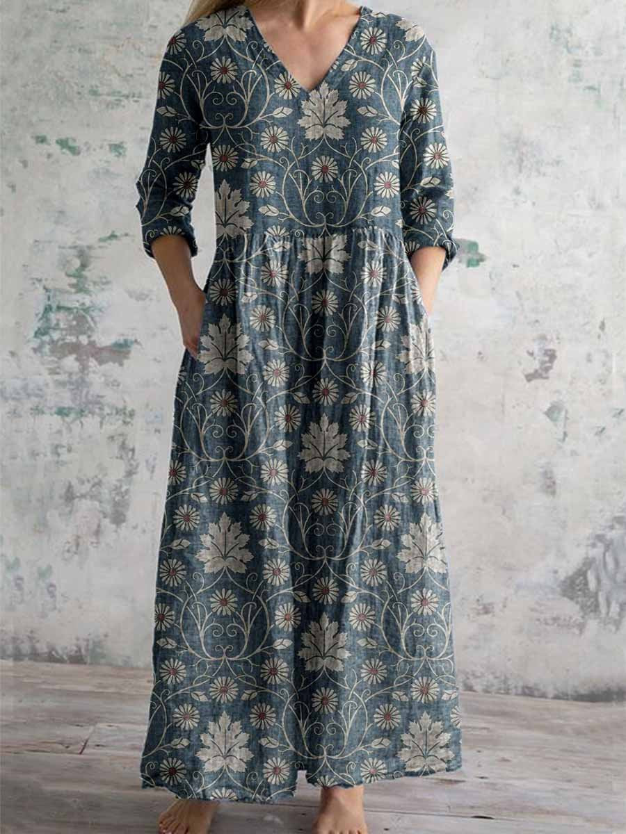 Women's Elegant Vintage Floral Pattern Cotton and Linen Dress with Pockets