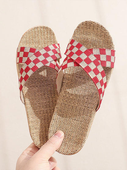 Women's Plaid Linen Thick Sole Non-Slip Home Slippers