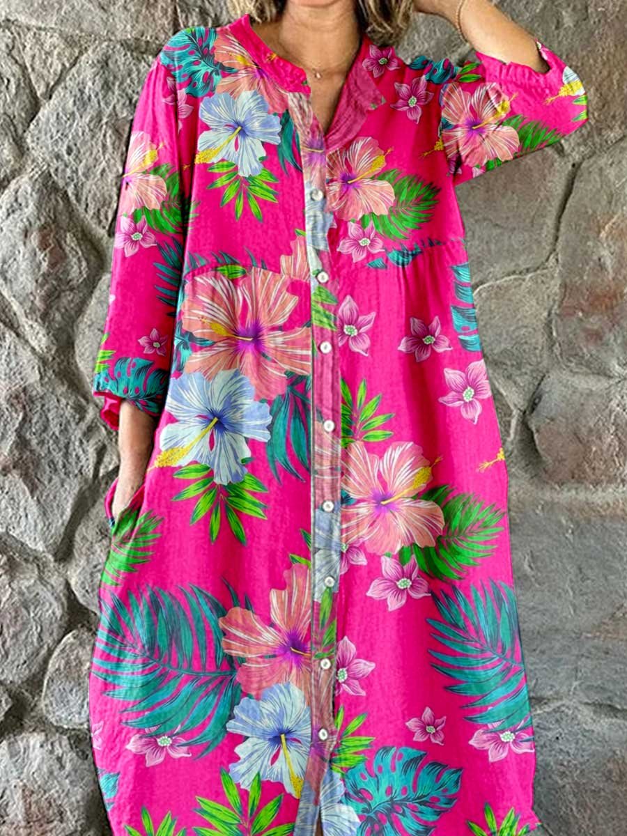 Women's Tropical Floral Shirt Style Cotton and Linen Dress