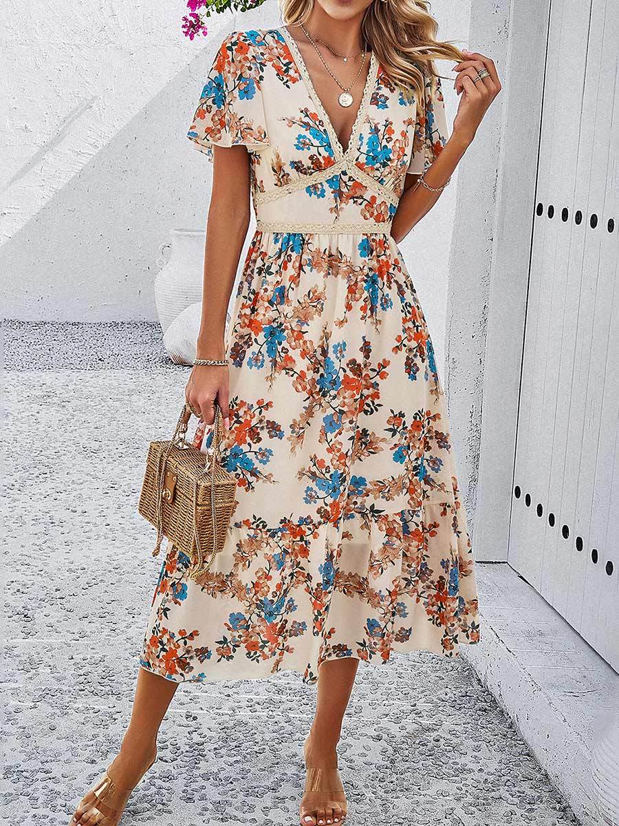 Women's Printed V Neck Short Sleeve Dress