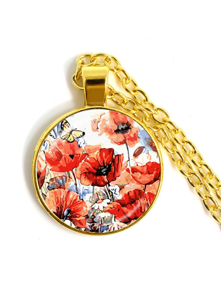 Stylish Poppy Pattern Glass Round Gold Necklace