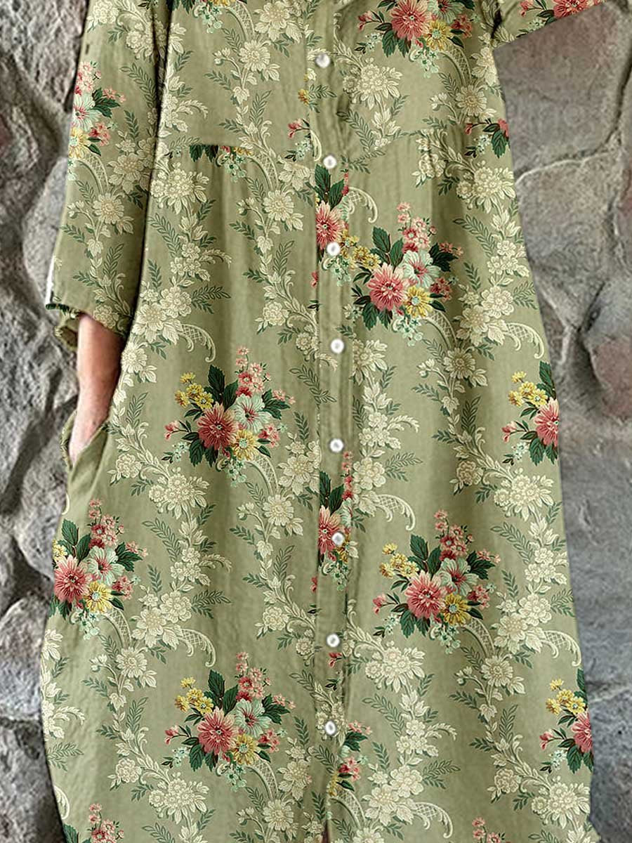 Women's Elegant  Rose Floral Pattern Shirt Style Cotton and Linen Dress