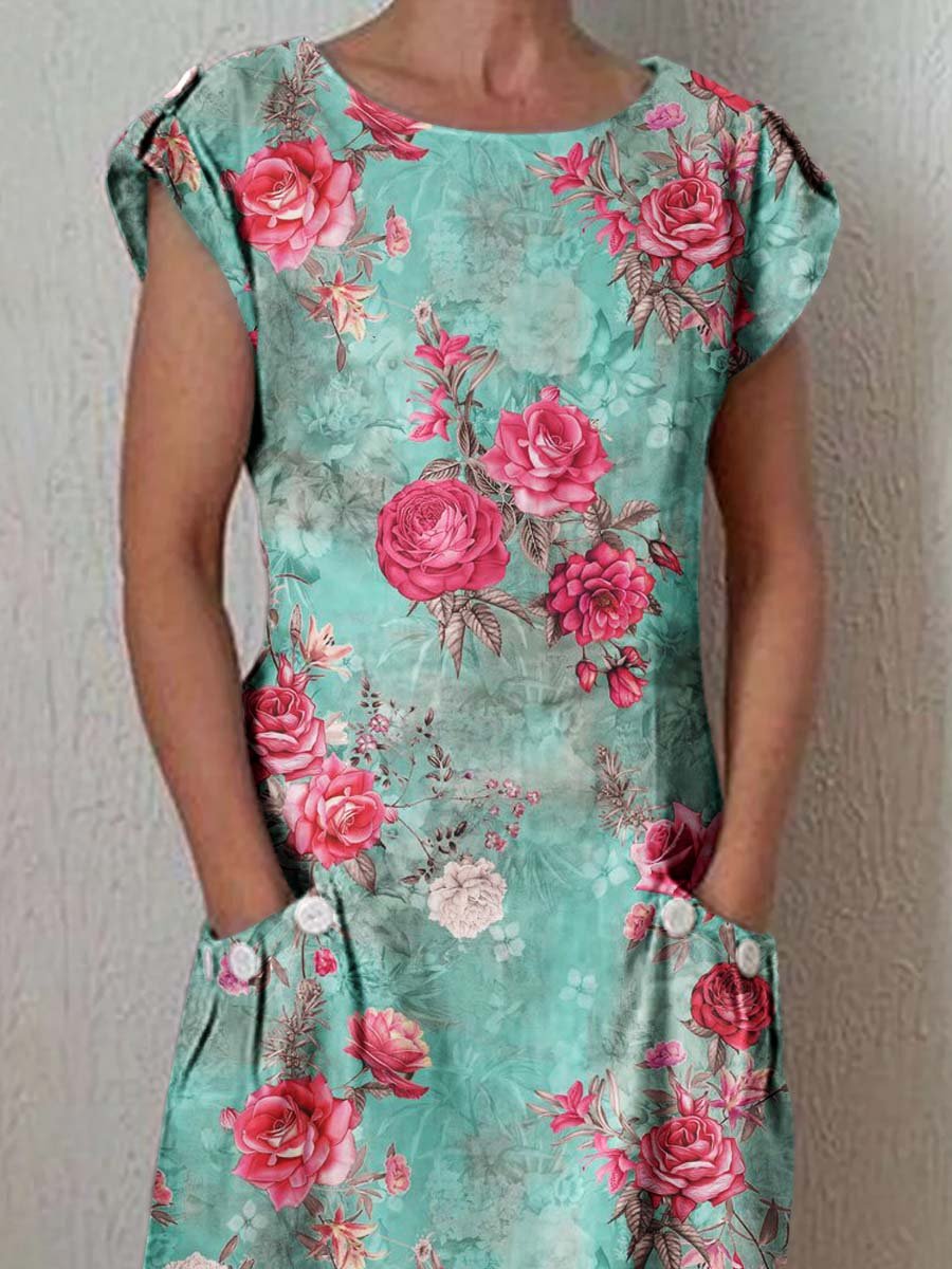 Women's Elegant Floral Pattern Round Neck Cotton and Linen Dress