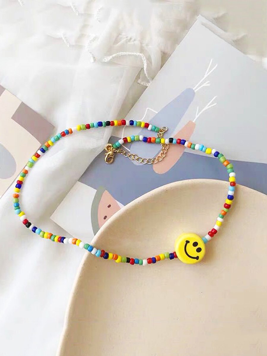 Bohemian Handmade Fashionable Smiling Colorful Rice Bead Short Necklace