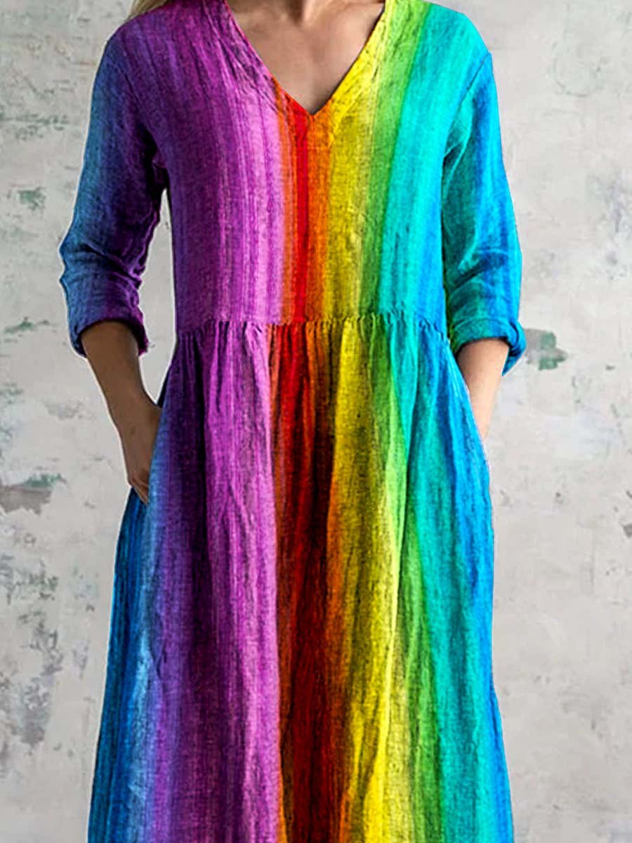 Women's V-Neck Rainbow Gradient Pattern Dress with Pockets