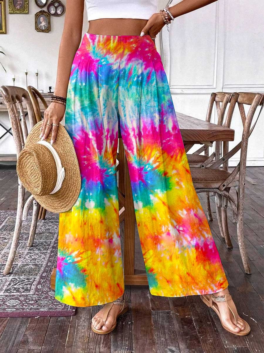 Women's Rainbow Tie Dye Print Graphic Cotton Wide Leg Pants