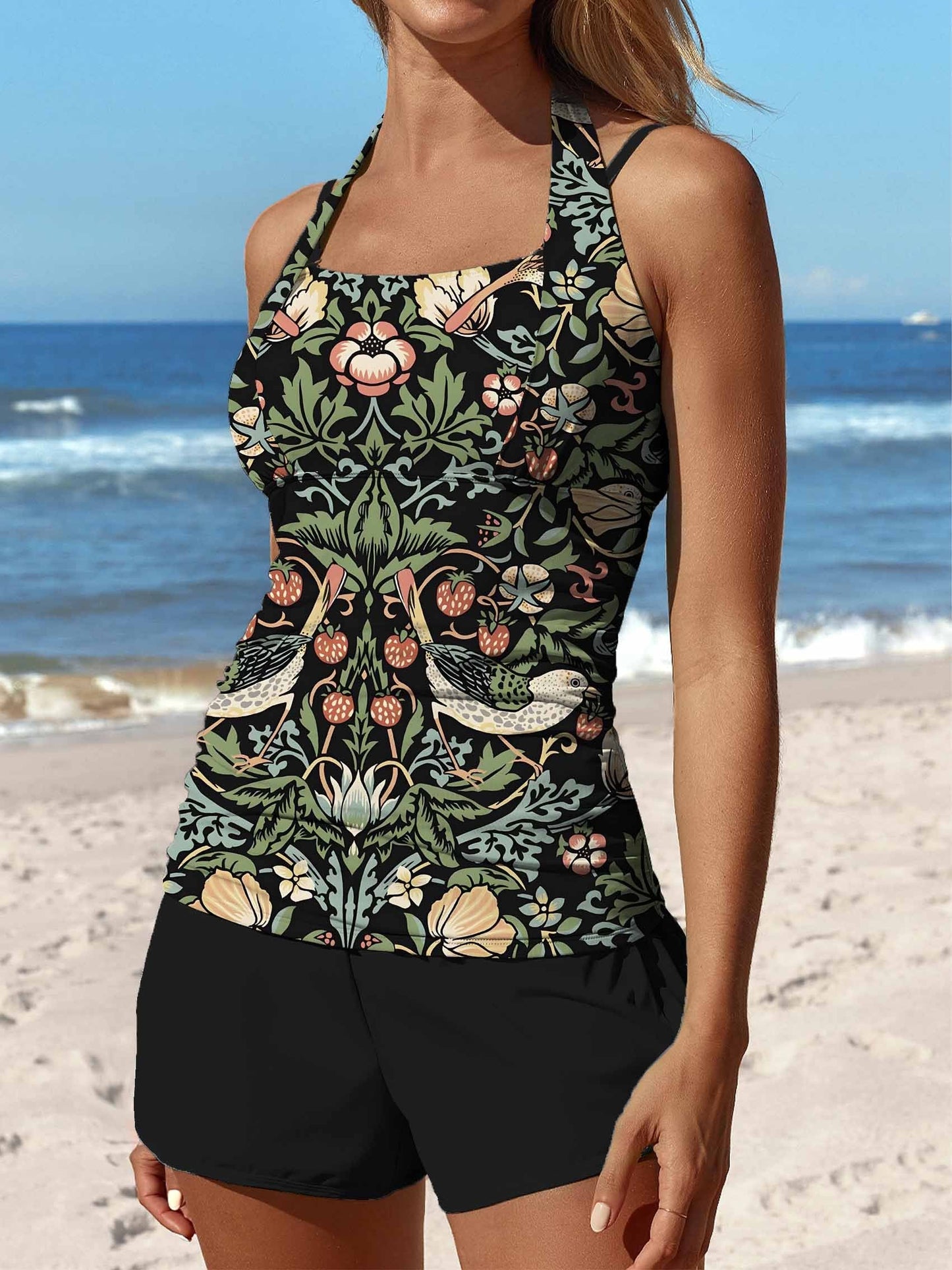 Retro Flower Art Print Halter Patchwork Mid Waisted Tankini Short Set Swimsuit