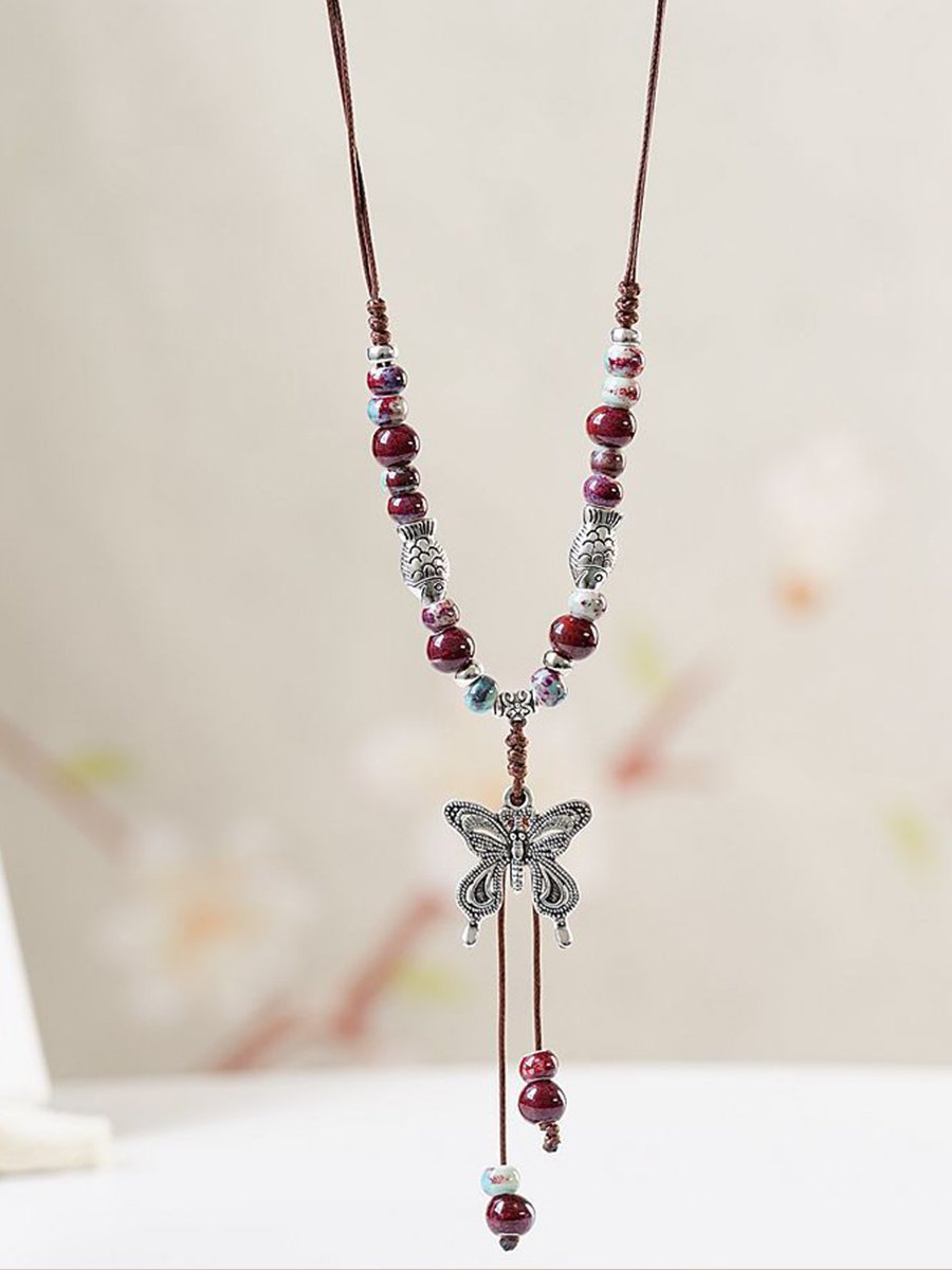 Retro Ethnic Style Butterfly Tassel Pendant Necklace