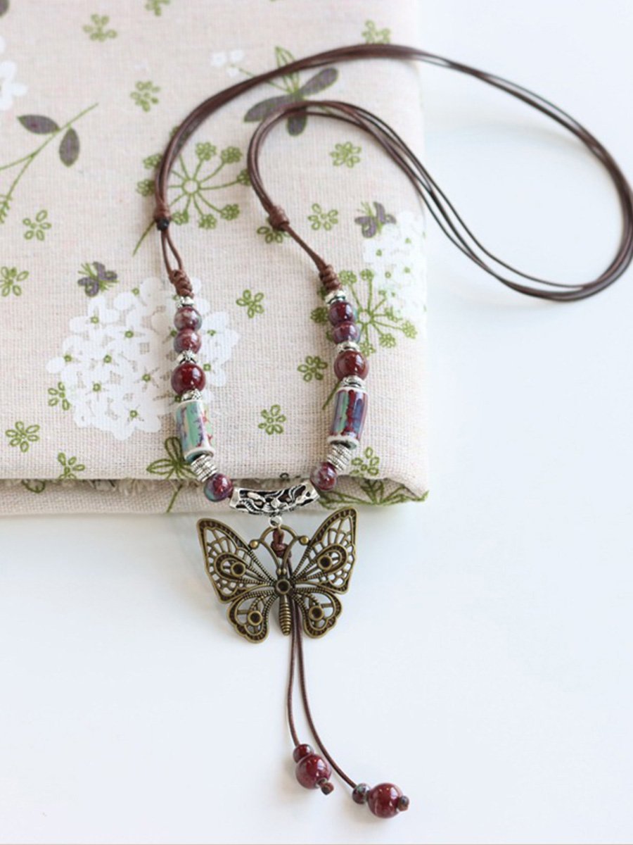 Retro Ethnic Style Butterfly Tassel Pendant Necklace