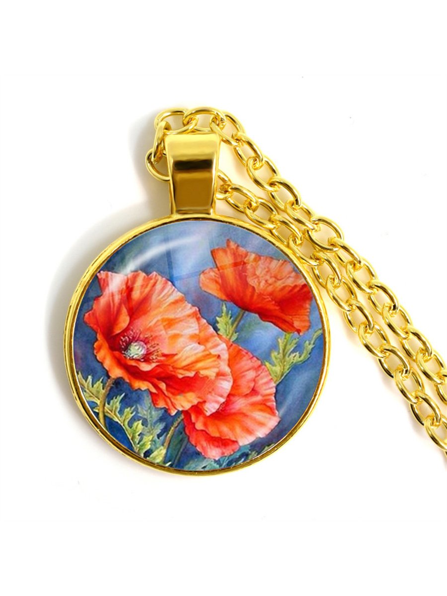 Stylish Poppy Pattern Glass Round Gold Necklace