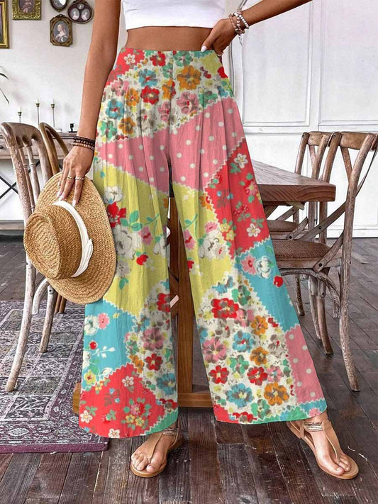 Women's Summer Floral Print Pattern Cotton Wide Leg Pants