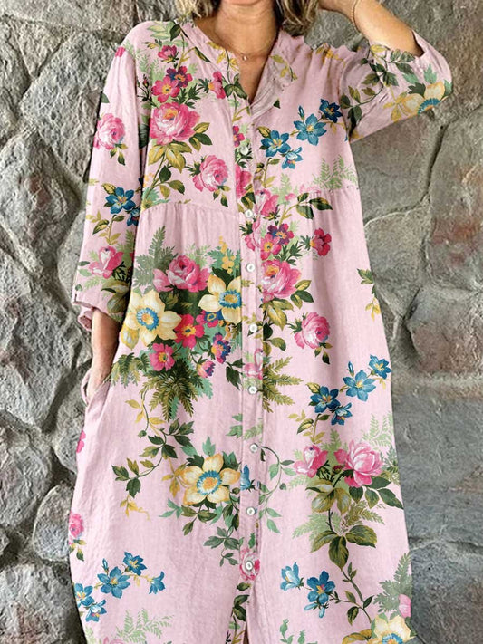 Women's Elegant  Rose Floral Pattern Shirt Style Cotton and Linen Dress