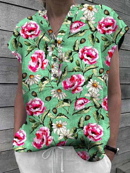 Women's Floral Art Casual Cotton Shirt Top