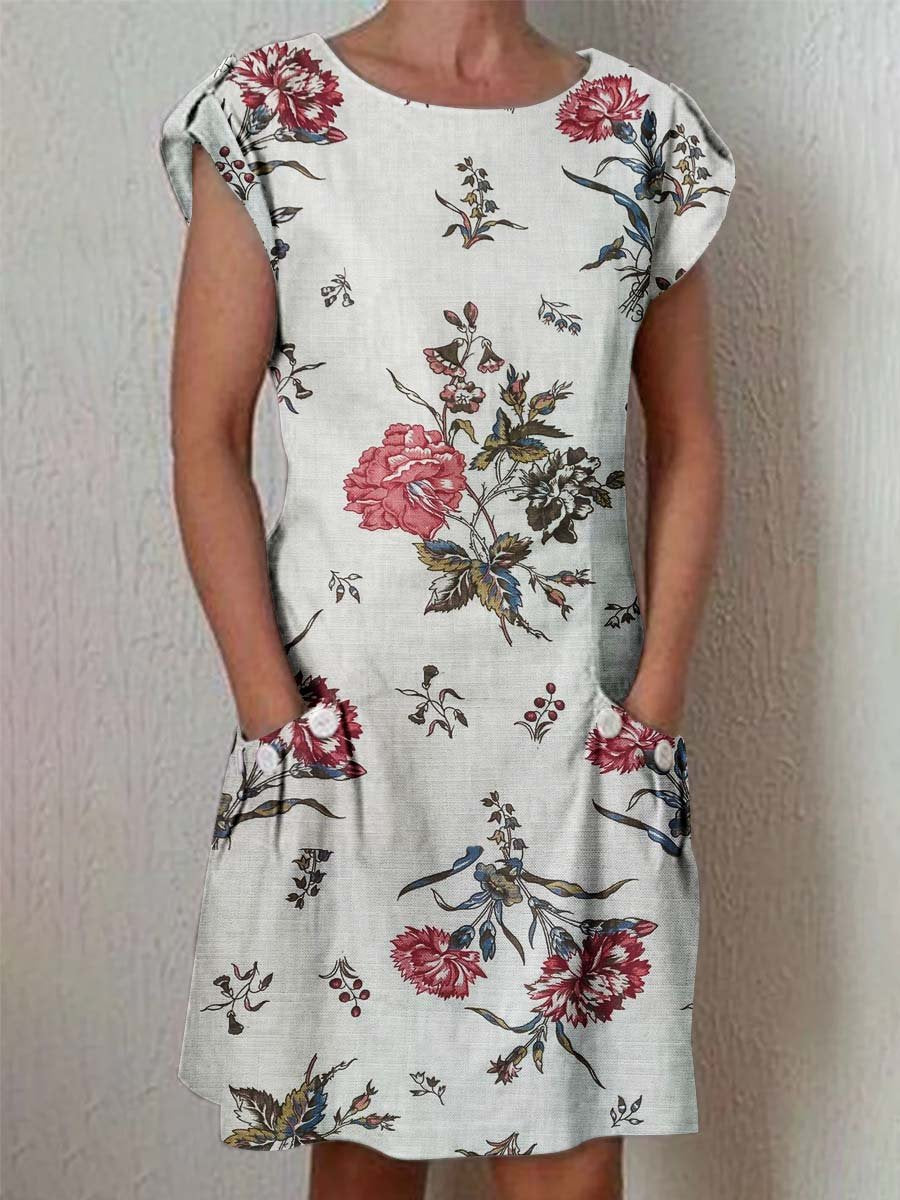 Women's Elegant Floral Pattern Round Neck Cotton and Linen Dress