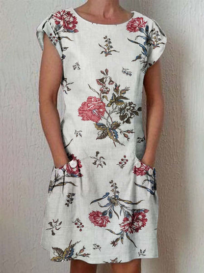 Women's Elegant Floral Pattern Round Neck Cotton and Linen Dress