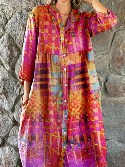 Women's Artistic Geometric Pattern Shirt-Style Cotton and Linen Dress