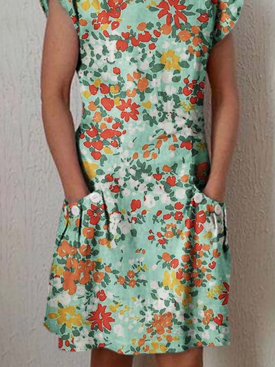 Women's Elegant Floral Pattern Crew Neck Dress