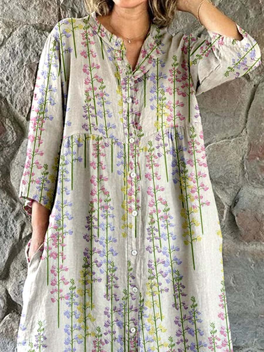 Women's Elegant Floral Pattern Shirt Style Cotton and Linen Dress