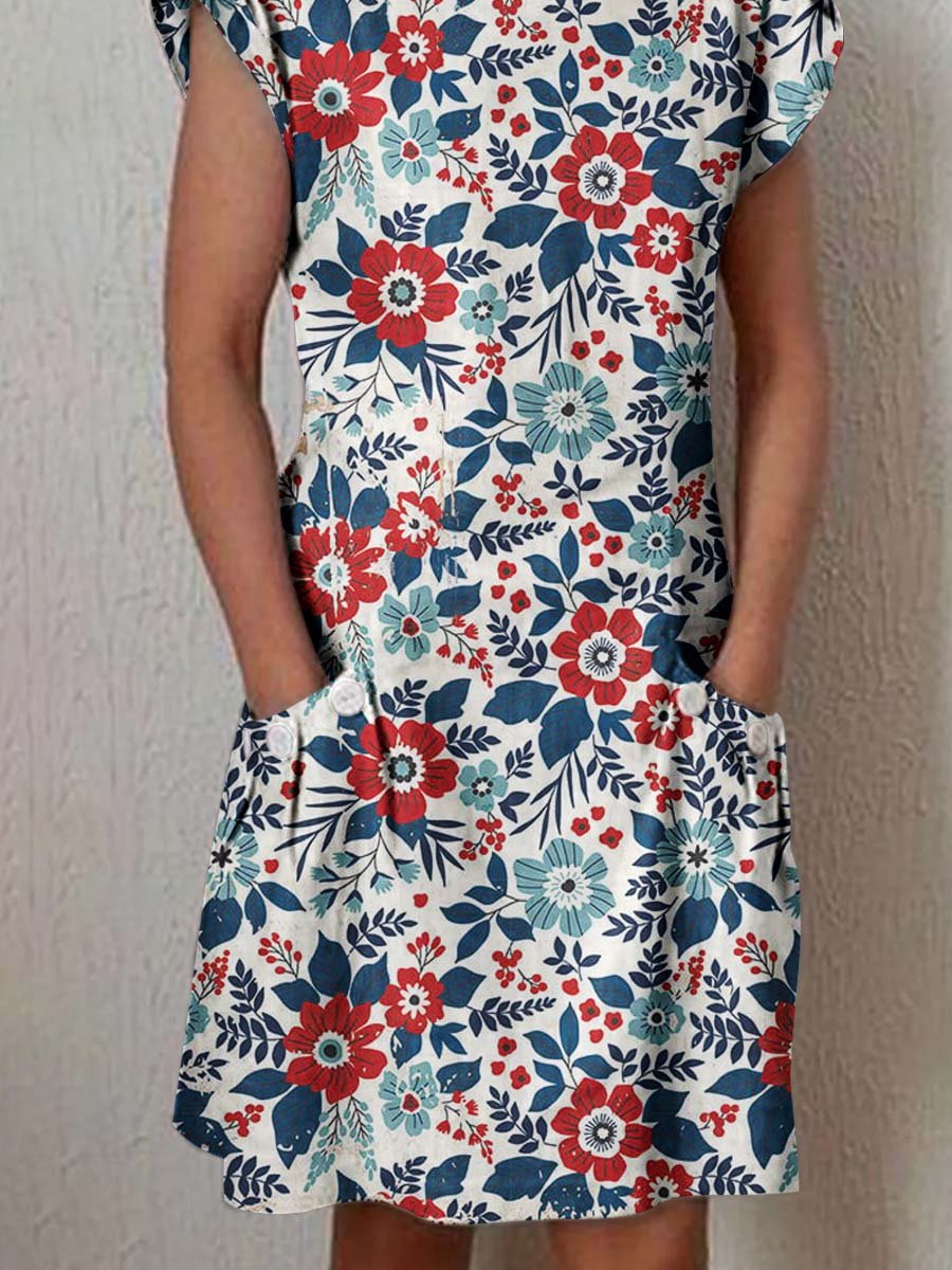 Women's Independence Day Tricolor Floral Pattern Cotton and Linen Dress