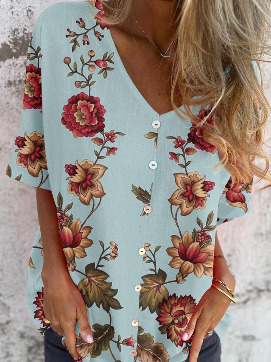 Women's Elegant Floral Pattern Shirt Style Cotton and Linen Top