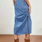 Women's Washed Elastic Waist Drawstring Denim Midi Skirt