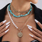 Bohemian Geometric Imitation Pearl Turquoise Mixed Metal Chain Necklace