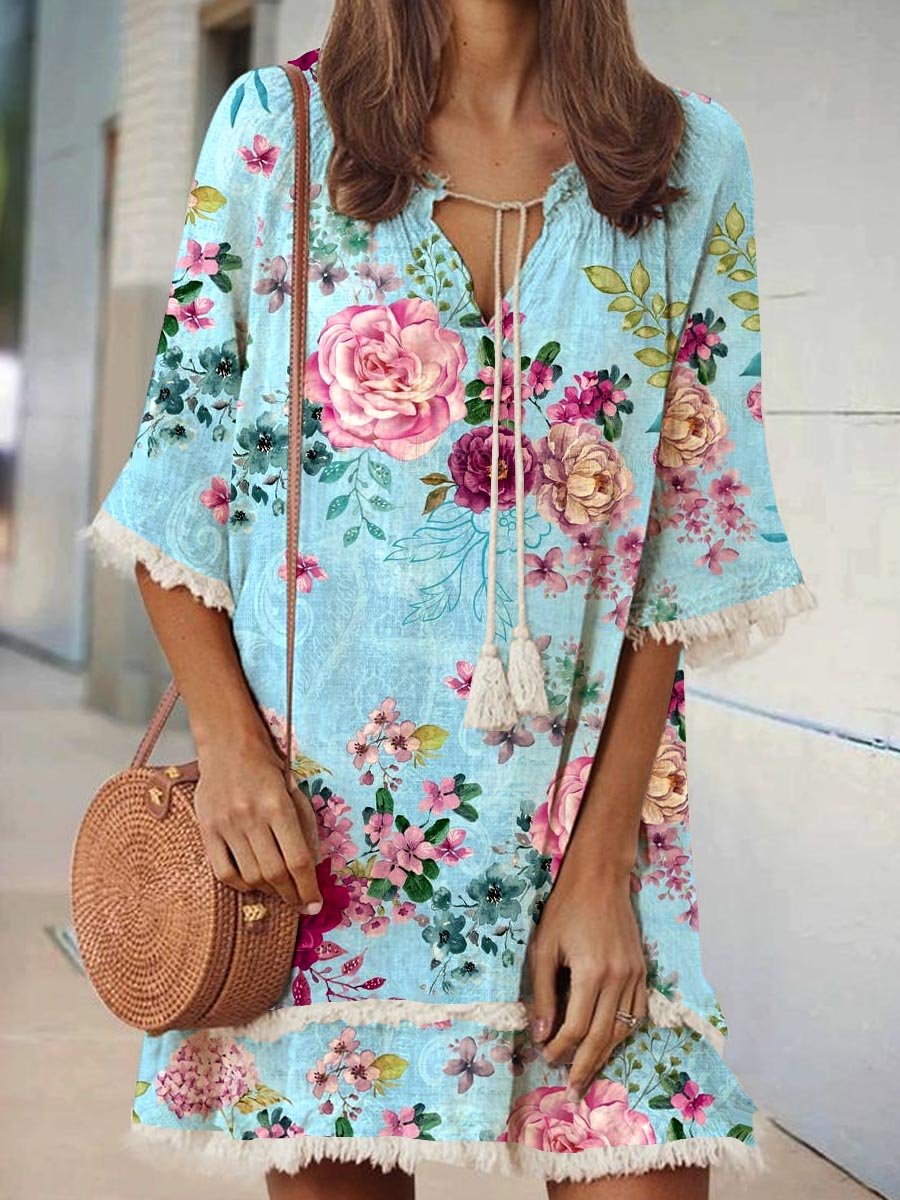 Women's Elegant Rose Floral Print V-Neck Strappy Raw Edge Cotton And Linen Dress