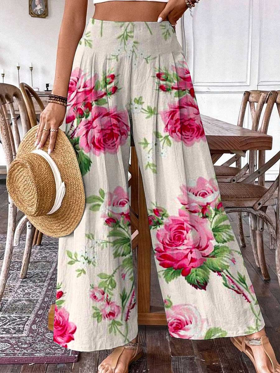 Women's Rose Floral Pattern Cotton and Linen Pants