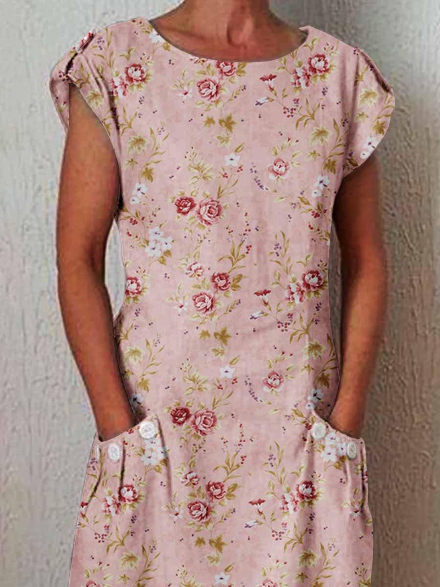 Women's Elegant Rose  Rose Floral Pattern Cotton and Linen Dress with Pockets