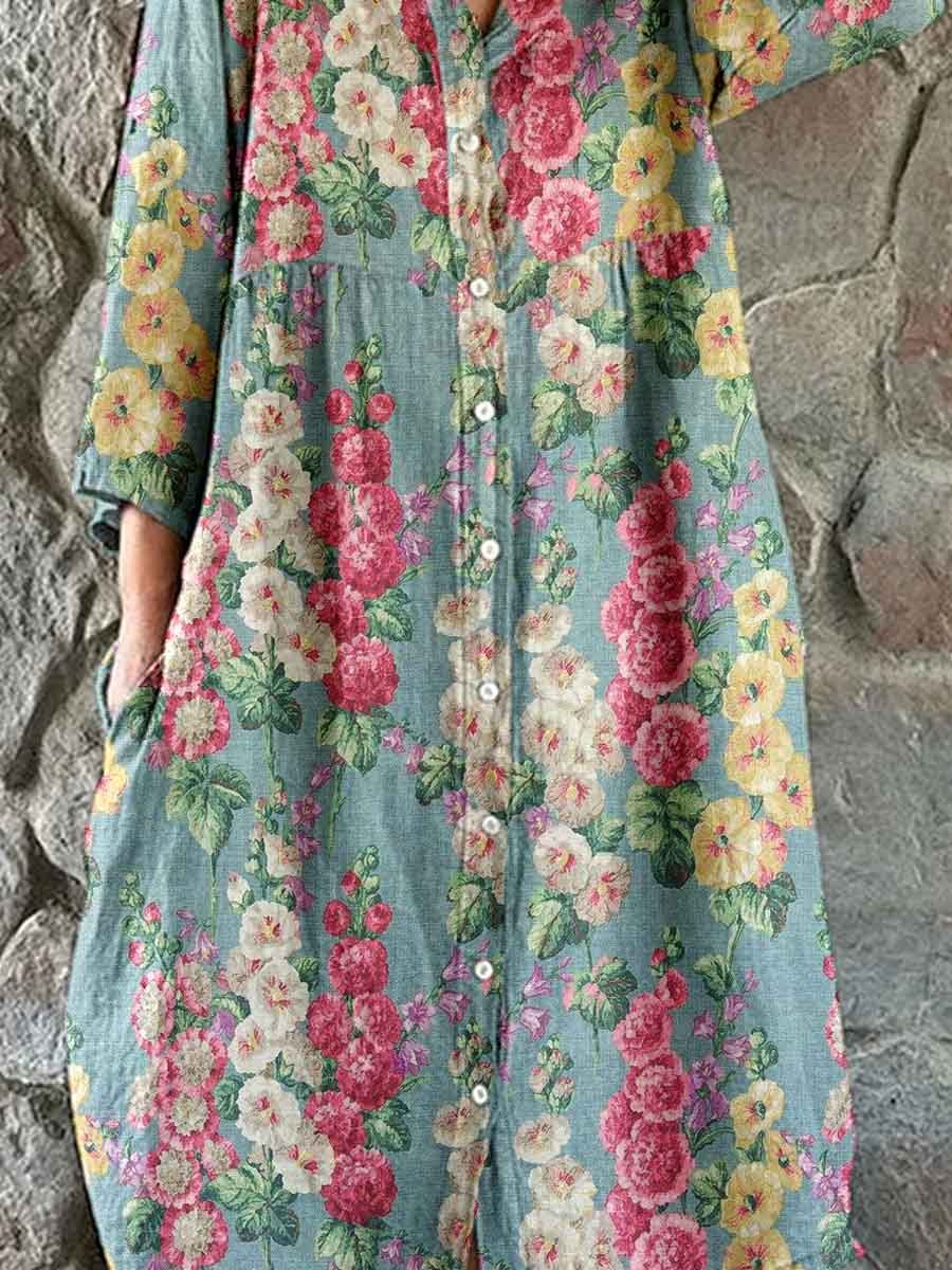 Women's Elegant Vintage  Floral Print Shirt Style Cotton and Linen Dress