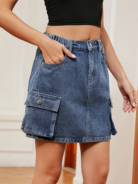 Women's Washed Multi-Pocket Denim Skirt