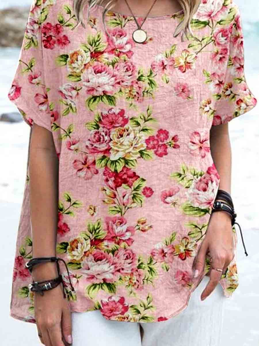 Women's Elegant Vintage Rose Floral Print Linen Top